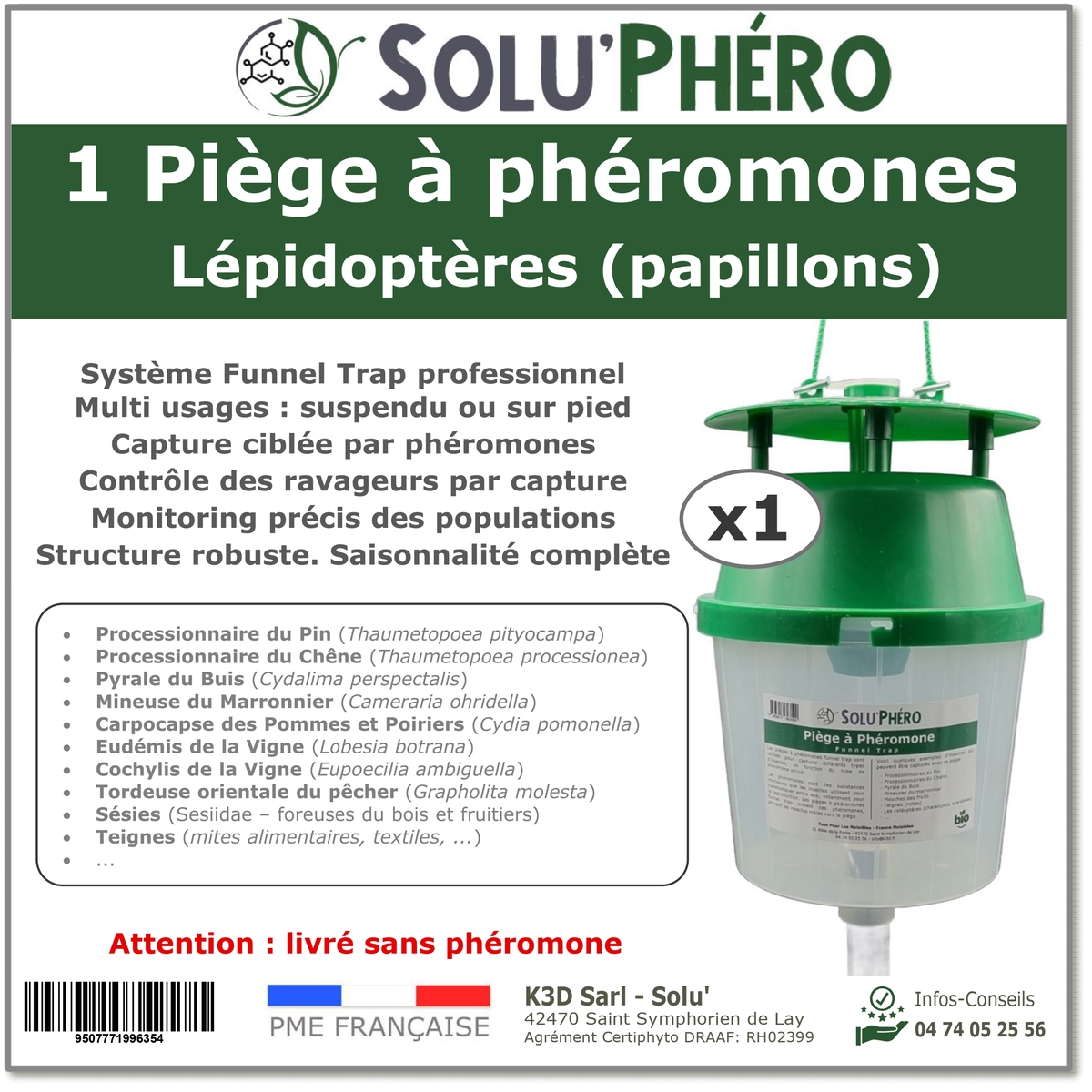 SOLUPHERO - Piège Professionnel à Phéromone Funnel Trap pour papillon (pyrale du buis, processionnaire ...) sans phéromone - Vendu à l
